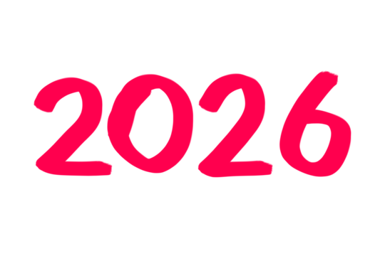 Bright pink hand drawn number 2026 showing the upcoming year isolated on transparent background - Powered by Adobe