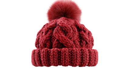 Red knitted winter hat with fluffy pom pom warm wool beanie fashion accessory isolated on white background