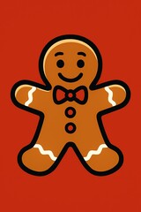 Fototapeta premium Smiling Gingerbread Man Cookie Character with Bow Tie on Red Background