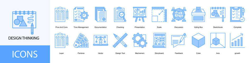 Design Thinking icon collection set. Containing Pros And Cons, Time Management, Documentation, Checking, Presentation icon. Simple line vector