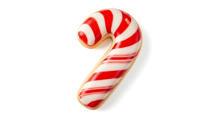 Close-up of a festive candy cane cookie with red and white stripes on a white background