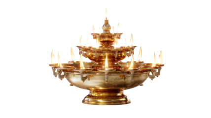 Golden multi tiered oil lamp with burning flames traditional decorative diya for celebration and worship isolated on white background