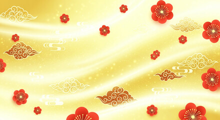 Gold backdrop showcases red blossom flowers and golden ornate cloud shapes for a festive atmosphere
