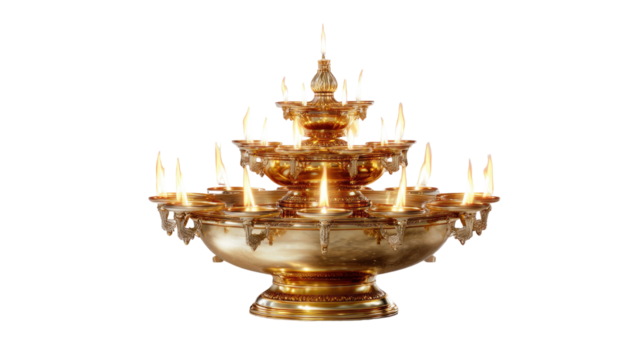 Golden multi tiered oil lamp with burning flames traditional decorative diya for celebration and worship isolated on white background