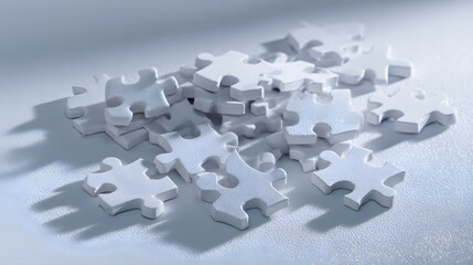 Scattered white puzzle pieces form an abstract pile under dramatic cool lighting