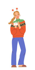 Young woman wearing cozy knitted winter sweater with pattern and headband with stars holds holiday gift in box with tied bow. Cute vector Christmas illustration.