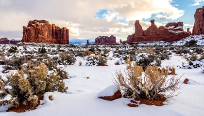 A winter landscape features snow-covered ground, desert shrubbery, and towering red rock formations under a cloudy sky