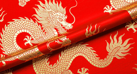 Golden dragon elegantly coils across vibrant crimson fabric creating a rich asian aesthetic