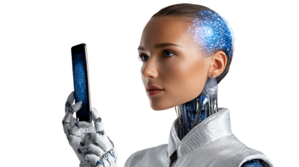 Futuristic Vision: A human-like robot gazes intently at a smart phone, embodying the intersection of technology and human-like design.