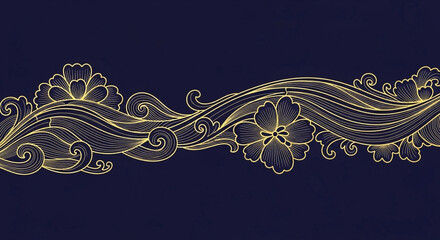 Golden floral border with stylized waves elegantly accents the dark blue background in beautiful symmetry