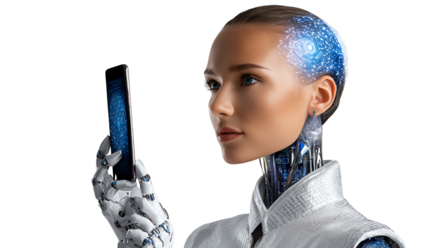 Futuristic Vision: A human-like robot gazes intently at a smart phone, embodying the intersection of technology and human-like design.