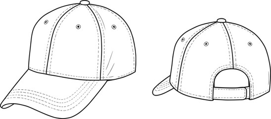 Baseball cap front and rear side view, curved brim, adjustable strap, ventilation eyelets, detailed stitching, cad drawing flat vector illustration