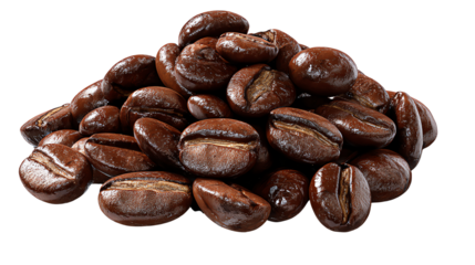 Coffee Bean Aroma: A close-up showcases a pile of roasted coffee beans, revealing their rich, dark brown color and inviting texture. Capturing the essence of a perfect coffee experience.