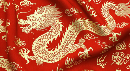 Golden ornate dragon with swirling clouds elegantly adorns the textured red fabric background