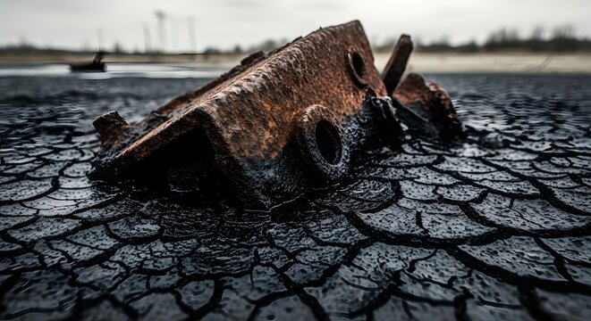 Close-up of a rusted metal fragment of industrial waste sinking into severely cracked, dry earth covered in black oil or toxic liquid, symbolizing pollution