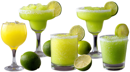 Refreshing Cocktail Assortment: A visually appealing composition of a variety of colorful cocktails, with lime garnishes, perfect for happy hour, events or party.