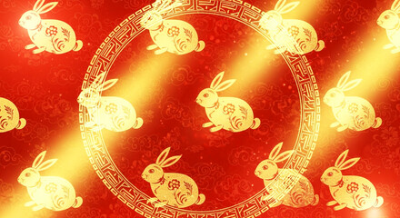 Golden rabbits with floral designs encircle a golden frame over a red cloud patterned backdrop