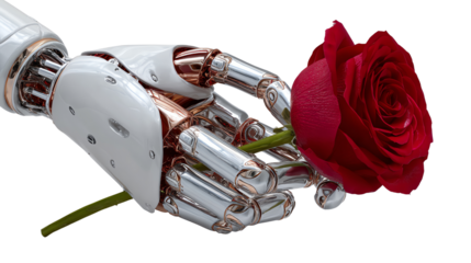 Mechanical Offering: A robotic hand tenderly cradles a vibrant red rose, symbolizing the fusion of technology and the timeless beauty of nature.