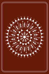 Beautiful warli style art with border frame isolated on dark brown background - vector illustration