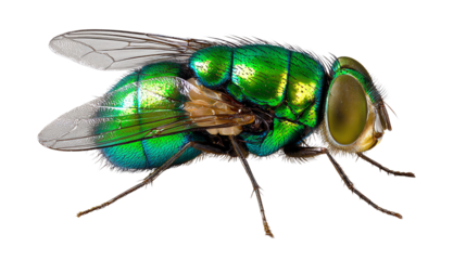 Shimmering Green Fly: Detailed view of a vibrant green fly, showcasing the intricate details of its body structure and iridescent wings.