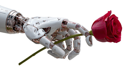 Robotic Hand Offering a Rose: A futuristic robotic hand delicately presents a vibrant red rose, symbolizing a unique blend of technology and the timeless beauty of nature.
