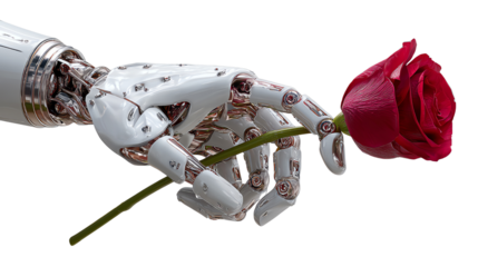 Robotic Hand Offering a Rose: A futuristic robotic hand delicately presents a vibrant red rose, symbolizing a unique blend of technology and the timeless beauty of nature.