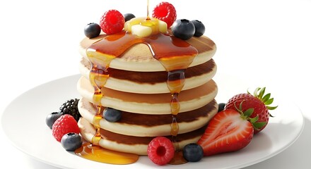 A golden stack of fluffy pancakes drizzled with sweet maple syrup and topped with fresh berries