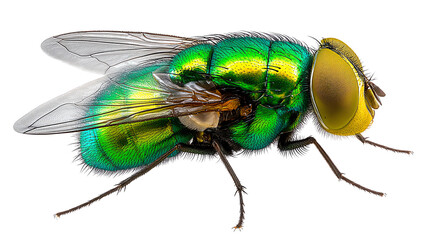 Shining Fly's Close-Up: An up-close view reveals the iridescent beauty of a shining fly, showcasing intricate details of its body and wings.