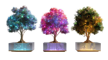 Enchanted Trees: Captivating vibrant trees decorated with glowing lights on a display. The image depicts a trio of surreal trees, each adorned with a mesmerizing display of radiant light