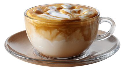 Golden Brewed Delight: A tempting shot of espresso, beautifully layered with warm caramel and creamy milk, crowned with a delicate froth, nestled in a clear glass cup and saucer.