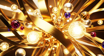 Luminous golden ribbons intertwine with colorful spheres, creating a vibrant and radiant abstract display
