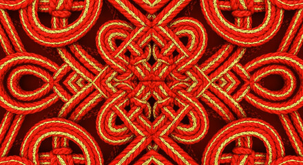 Intricate looping red knots with a gold trim form a symmetrical seamless pattern
