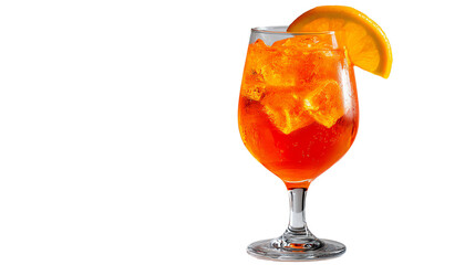 Aperol Spritz Refreshment: A bright orange Aperol Spritz cocktail, adorned with an orange slice, sparkles invitingly with ice cubes in a elegant glass, embodying the essence of a refreshing beverage.
