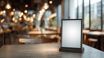 Blank display stand sits prominently on a wooden table inside a warmly lit establishment
