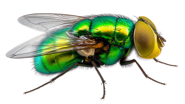 Shining Fly's Close-Up: An up-close view reveals the iridescent beauty of a shining fly, showcasing intricate details of its body and wings.