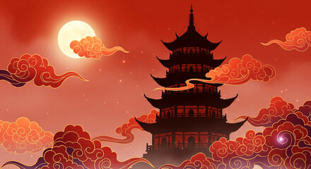 Pagoda silhouette stands against a moonlit, red sky, adorned with stylized clouds and stars
