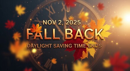 Obraz na płótnie Canvas Fall Back 2025 Daylight Saving Time Ends Reminder Clock Autumn Leaves Change Schedule