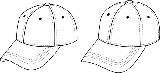 Baseball cap line drawing three quarter front view, six panel design, curved brim, ventilation eyelets, detailed stitching, cad drawing flat vector illustration