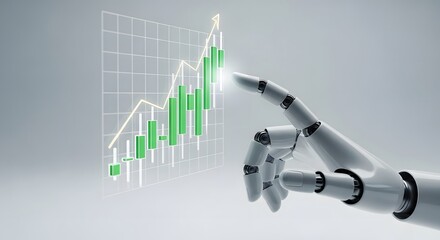 A white robotic hand pointing towards a digital, holographic rising bar chart with a green upward line, symbolizing AI, technology, and business success