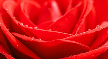 Petals of a vibrant red rose are adorned with glistening droplets after the rain