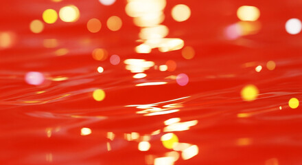 Red liquid reflects yellow and white light creating a bright bokeh effect in the frame