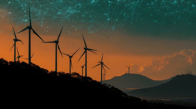 Multiple wind turbines are silhouetted against a colorful, networked twilight sky on rolling terrain - Powered by Adobe