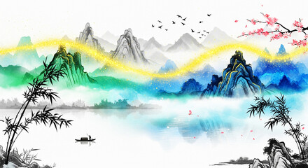 Serene Asian vista shows a boat sailing on still waters near majestic mountains