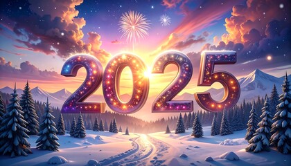 A winter landscape features snowy trees, mountains, and the year 2025 shimmering with lights against a colorful sunset, fireworks