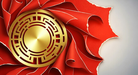 Shiny golden round emblem is displayed over layers of curled decorative vibrant red paper