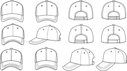 Baseball cap twelve angle views, front side and rear perspectives, snapback and strap variations, curved brim, cad drawing flat vector illustration
