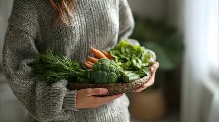 Person wearing knitwear gently holds basket filled with fresh garden produce indoors