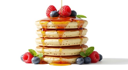 A delicious stack of fluffy pancakes drizzled with sweet maple syrup and topped with fresh berries