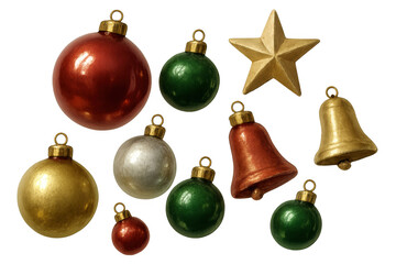 Assortment of christmas ornaments featuring festive baubles, bells, and a star, celebrating holiday season decor