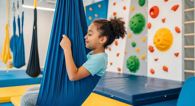 Young girl enjoying a sensory swing in a colorful playroom, surrounded by climbing walls and soft mats, promoting neurodivergence and inclusion in playful environments